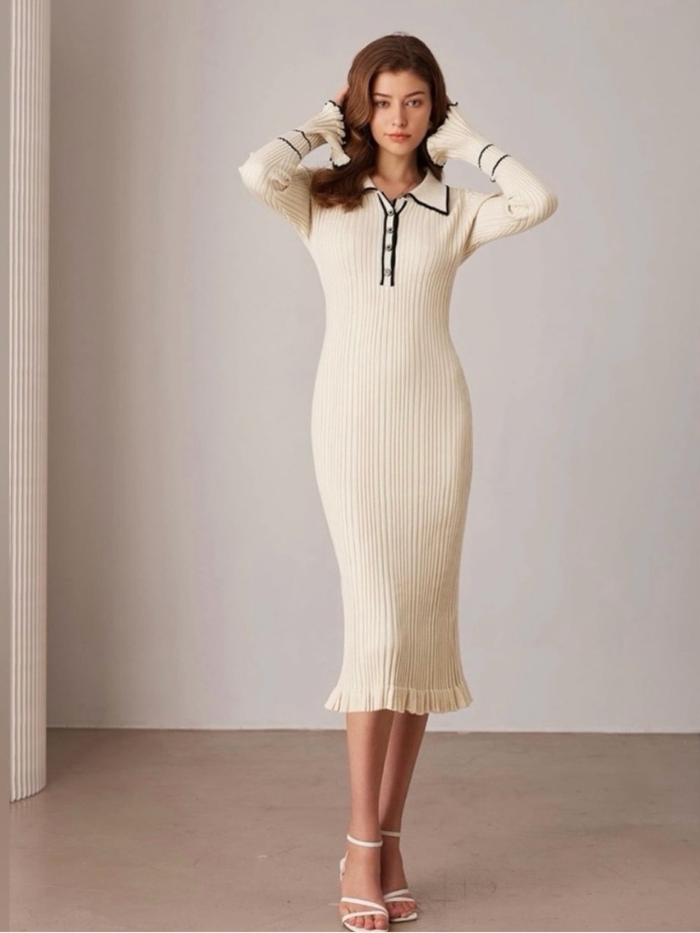 Grace Karin Cream Ribbed Polo-Collar Midi Dress with Contrast Trim